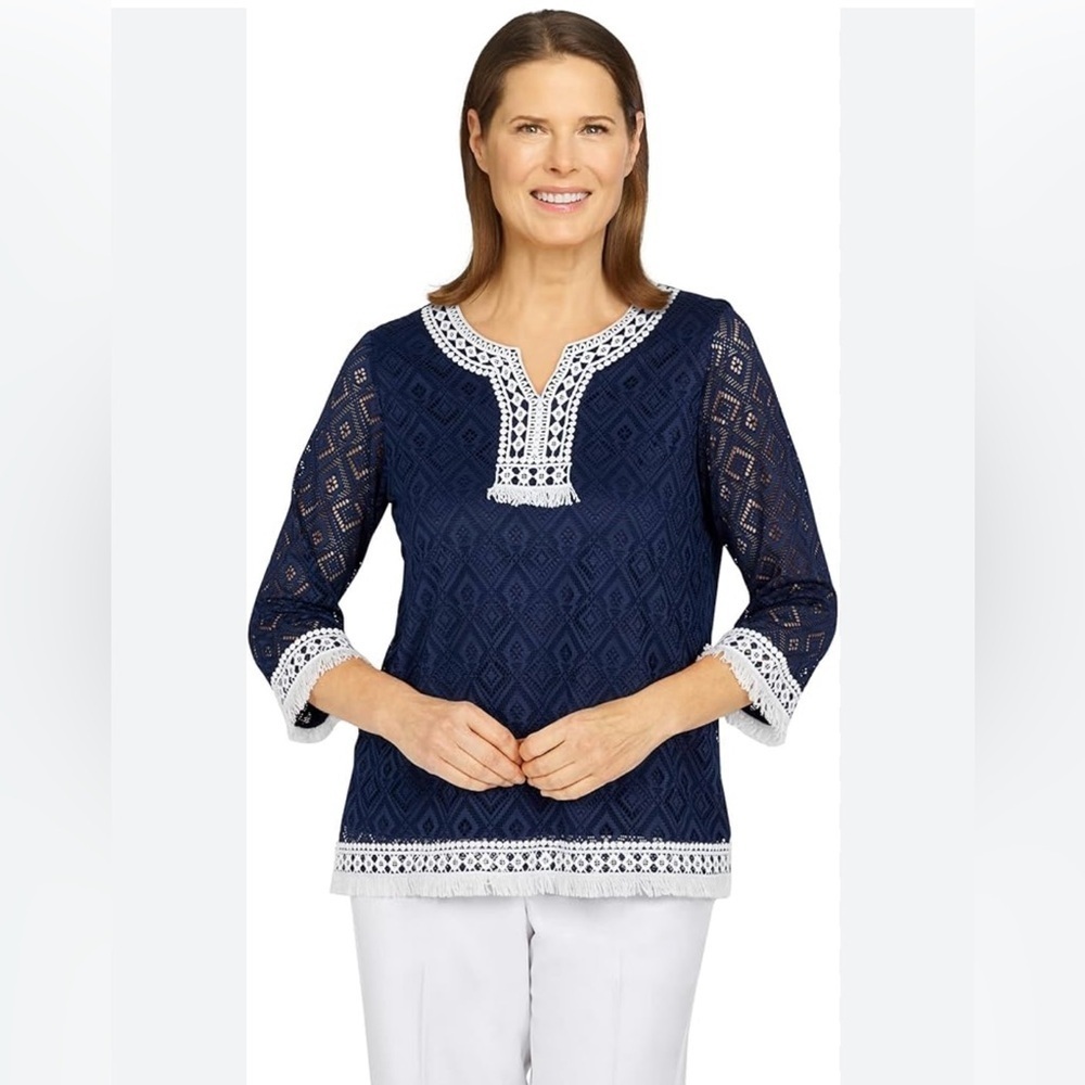 NWT Alfred Dunner petite women’s lace fringe diamond textured top PXL navy blue